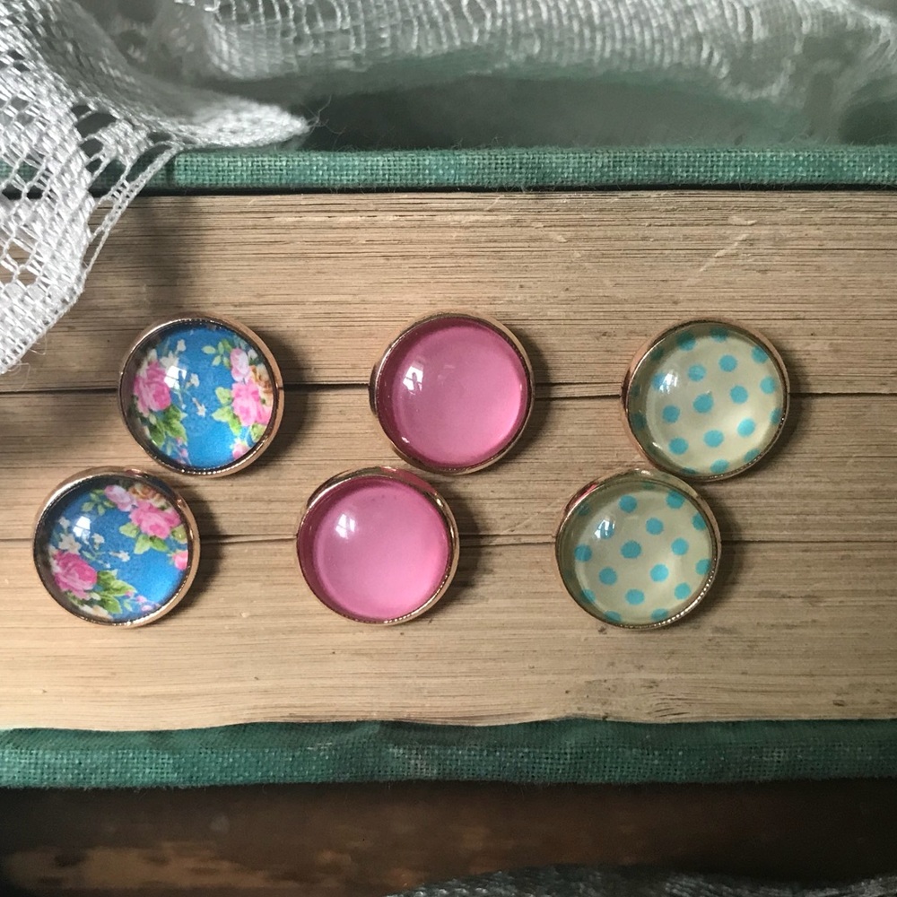 3 Pairs Glass Stud Earrings Rose Gold Floral